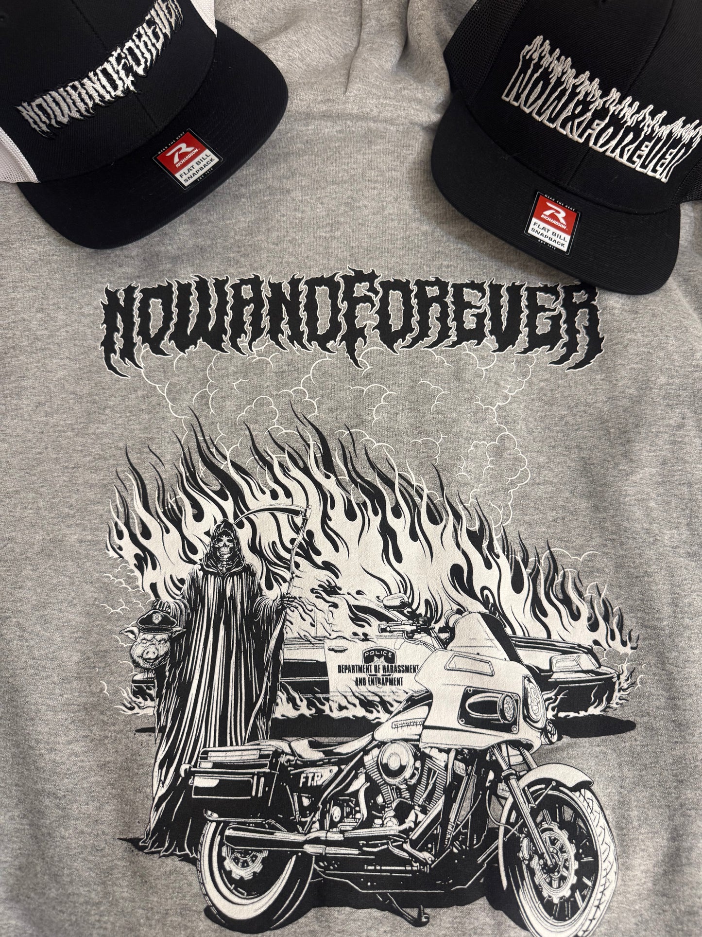 Burning Pigs crewneck sweatshirt — full back print of the reaper, the flames and the police-model FXR