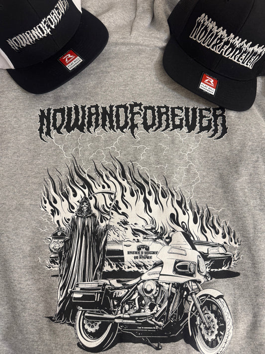Burning Pigs crewneck sweatshirt — full back print of the reaper, the flames and the police-model FXR