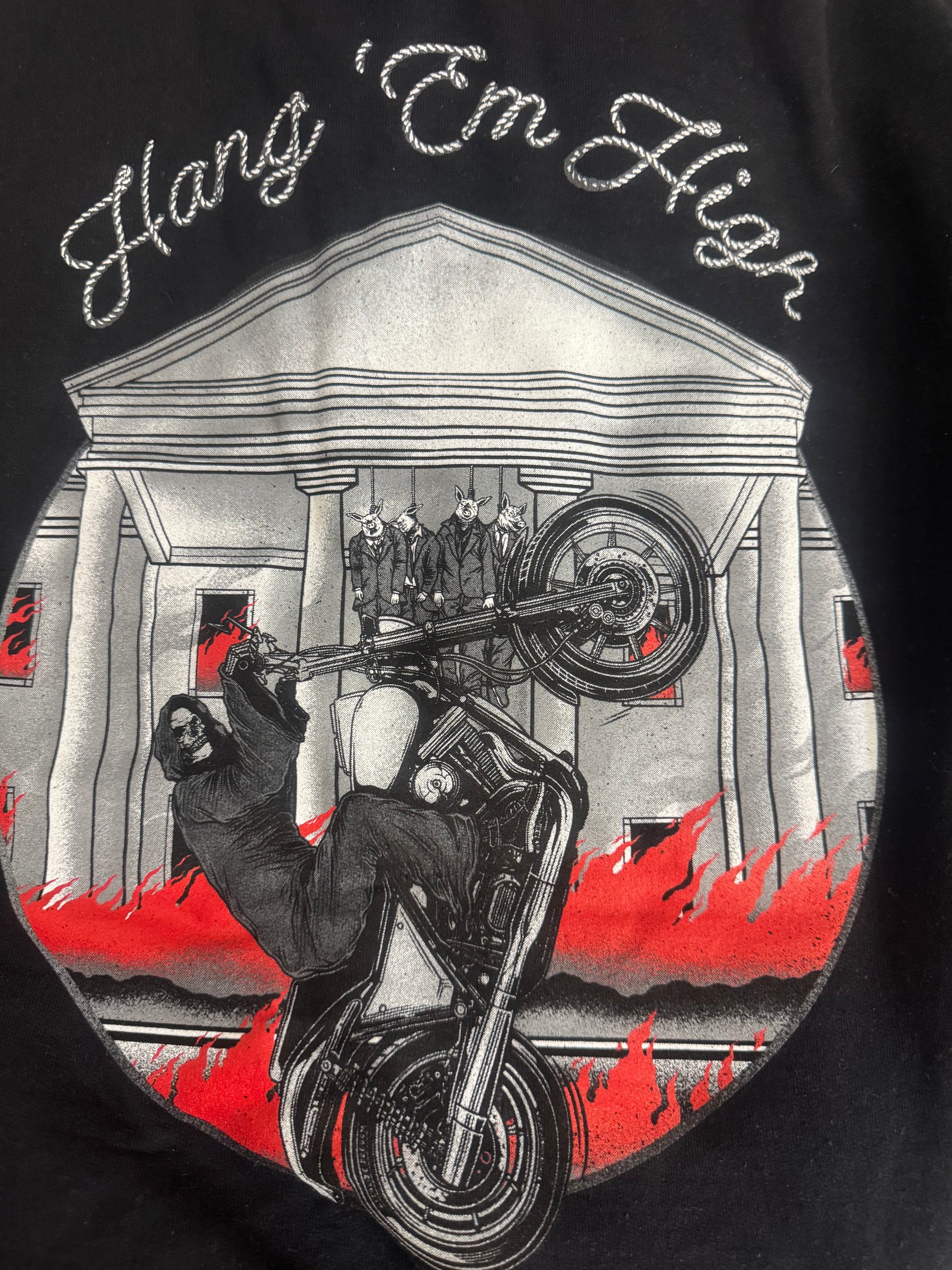 Hang 'Em High hooded sweatshirt — Now & Forever Industries original artwork, a motorcycle at the center with suited pig figures strung up above it