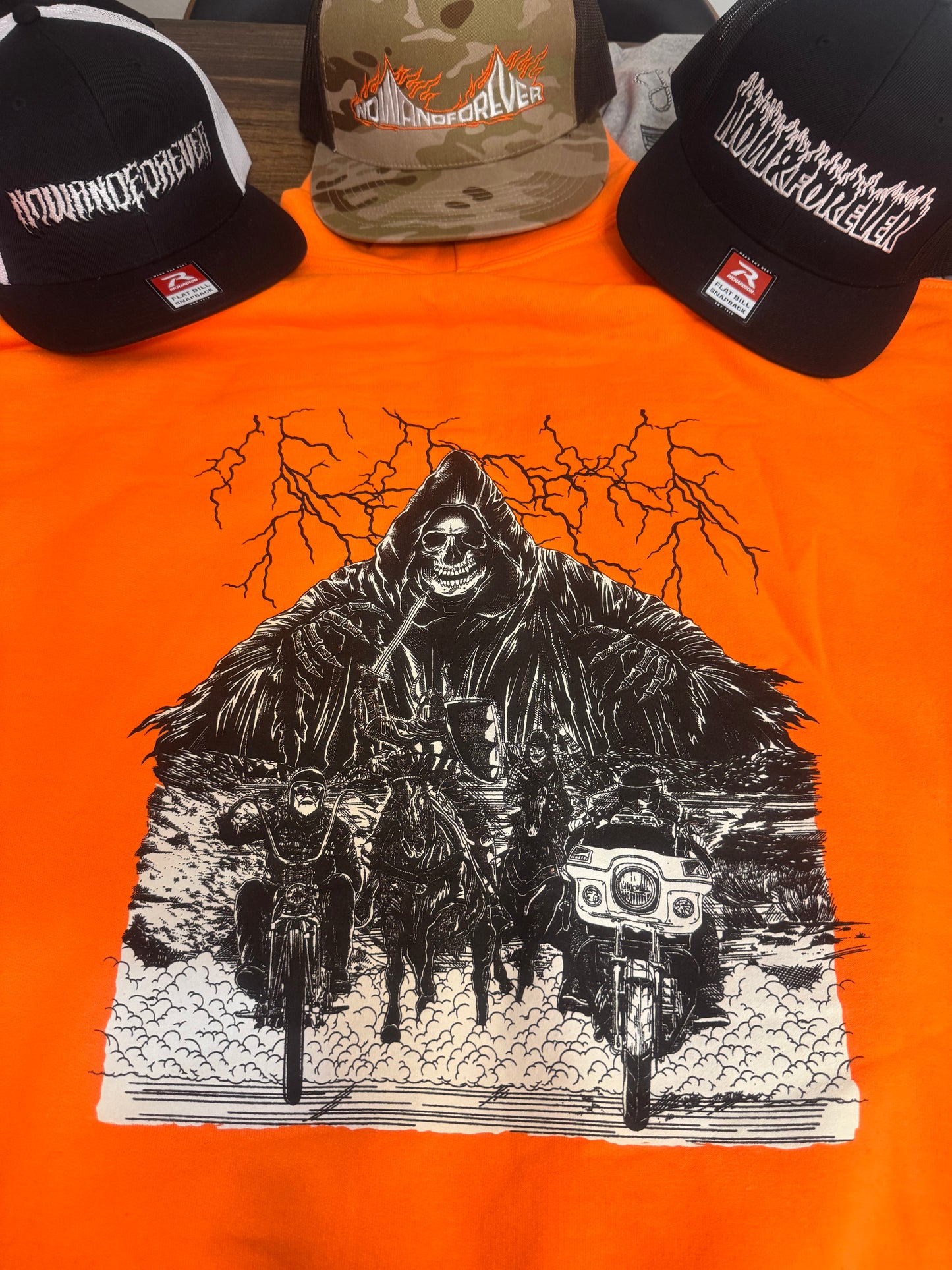 Four Horsemen hooded sweatshirt — Now & Forever Industries original artwork, four riders with Death behind them and a motorcycle rider out front