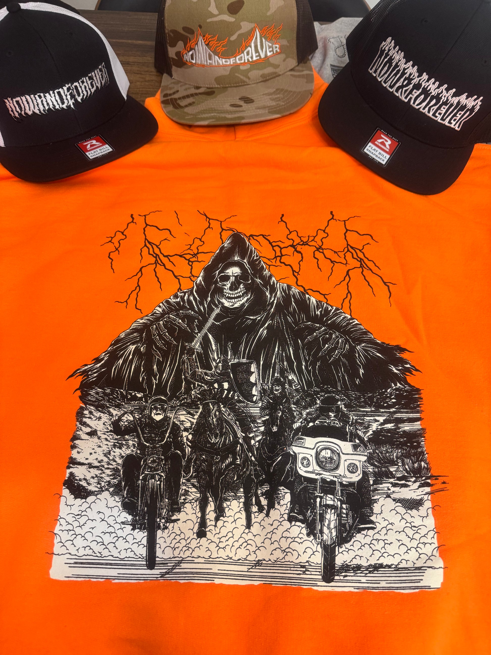 Four Horsemen hooded sweatshirt — Now & Forever Industries original artwork, four riders with Death behind them and a motorcycle rider out front