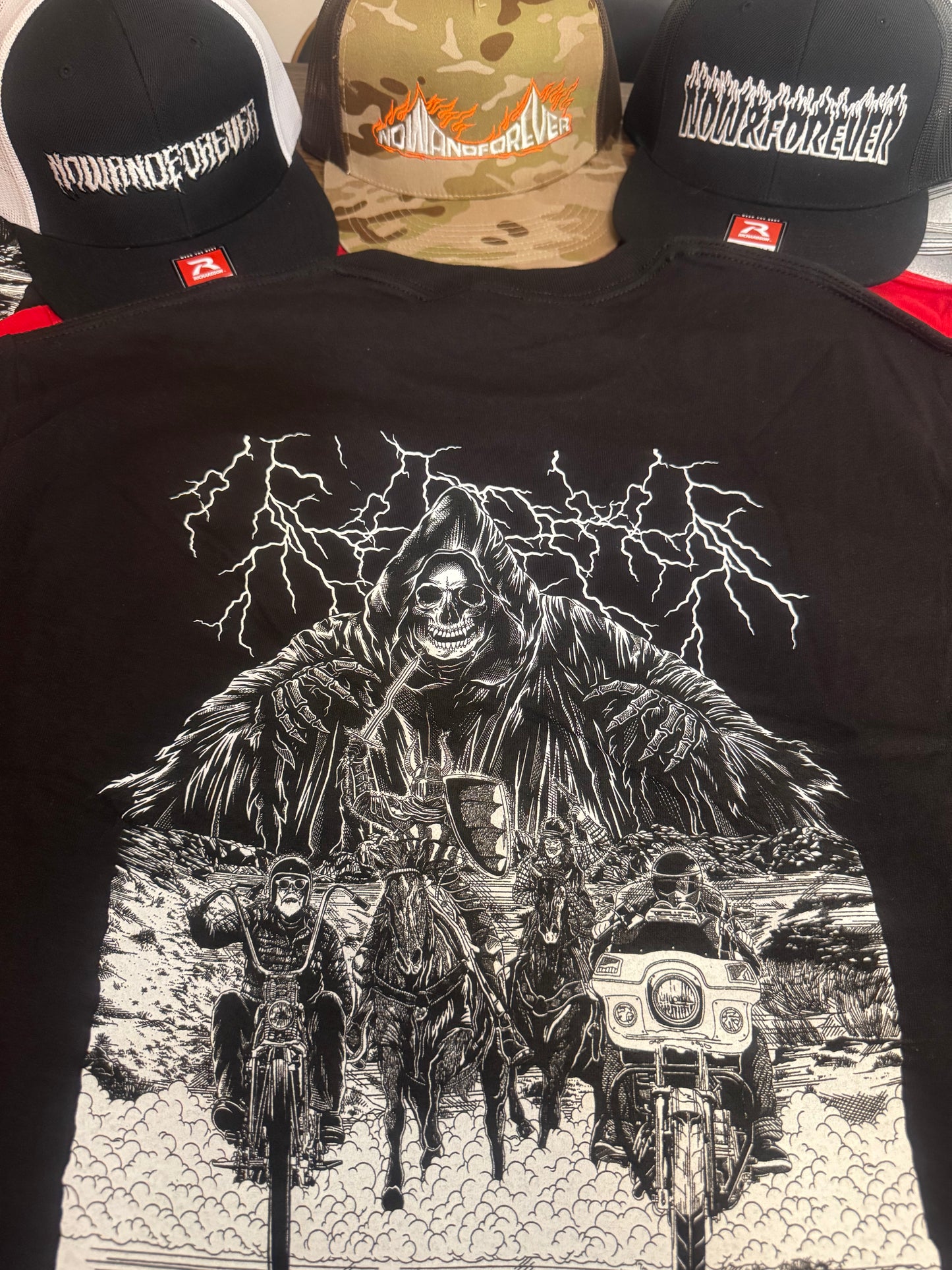 Four Horsemen tee — Now & Forever Industries original artwork, four riders with Death behind them and a motorcycle rider out front